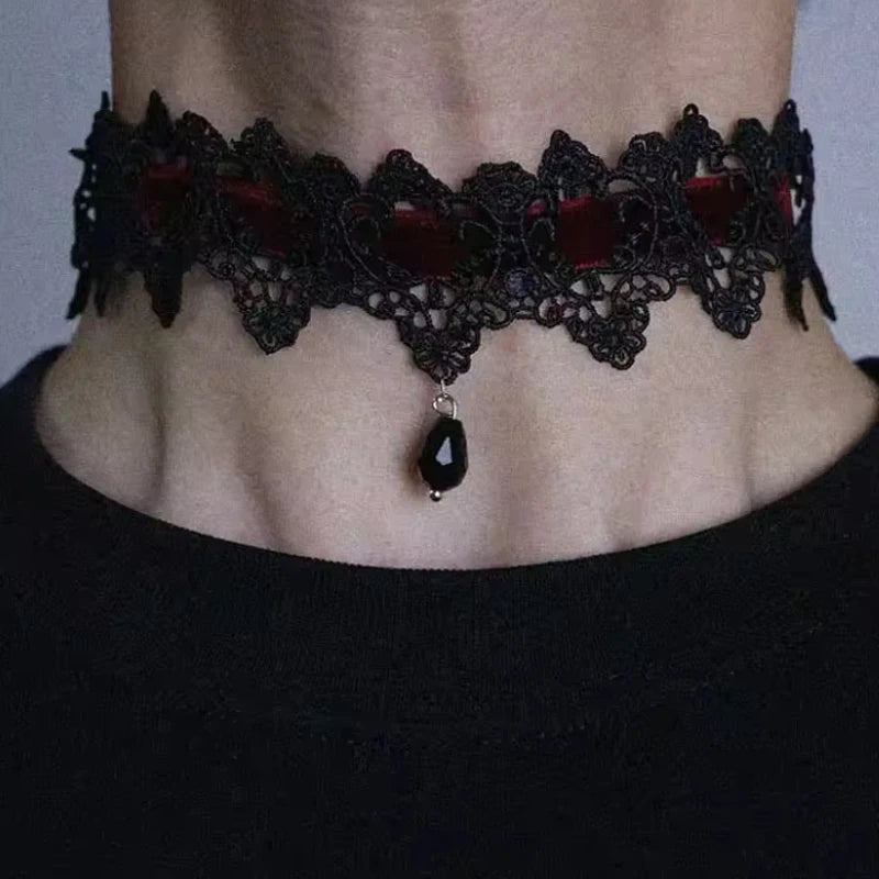 Sexy Hollow Neck Accessory Burgundy Dark Gothic Punk Lace Velvet Lace Collar Choker Lace Strap Collarbone Chain Party Accessory