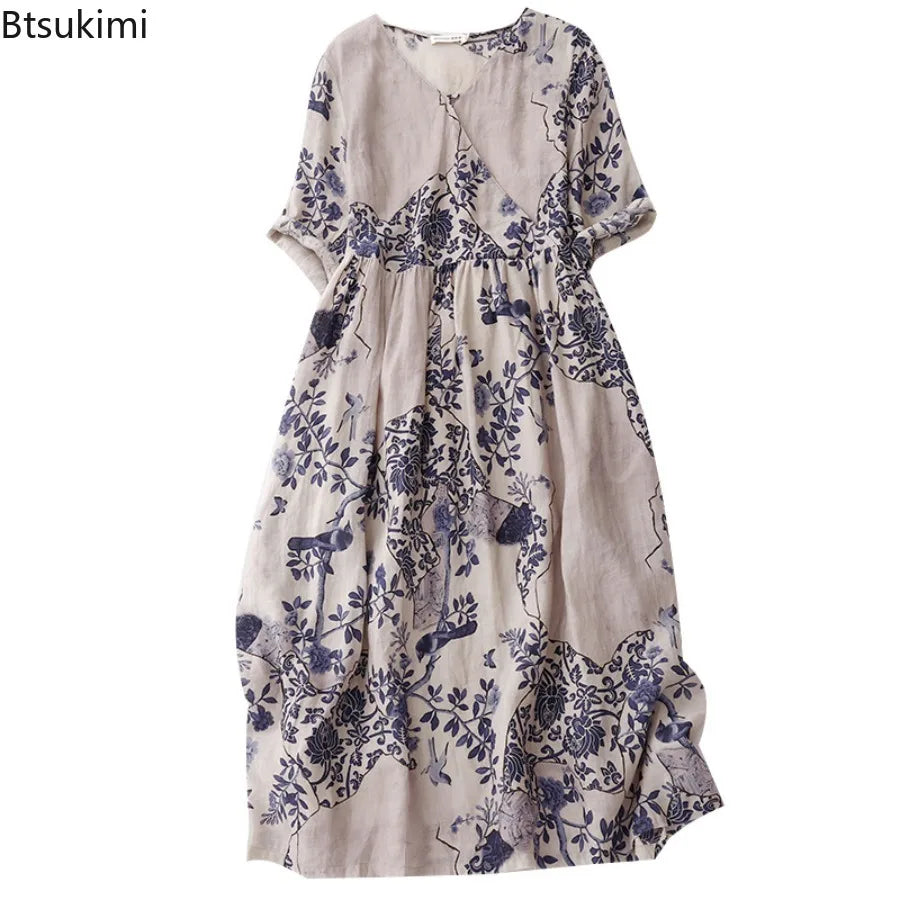 Summer Dresses for Women Retro Casual Loose Print V Neck Long Dress Comy Cotton Linen Pullover Robe Vestidos Women A-line Dress