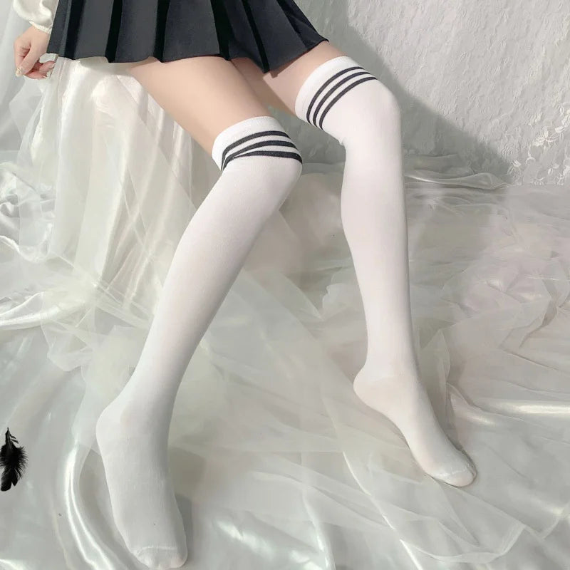Sexy Black White Striped Long Socks Women Over Knee Thigh High Socks Over The Knee Stockings For Ladies Girls Warm Knee Socks