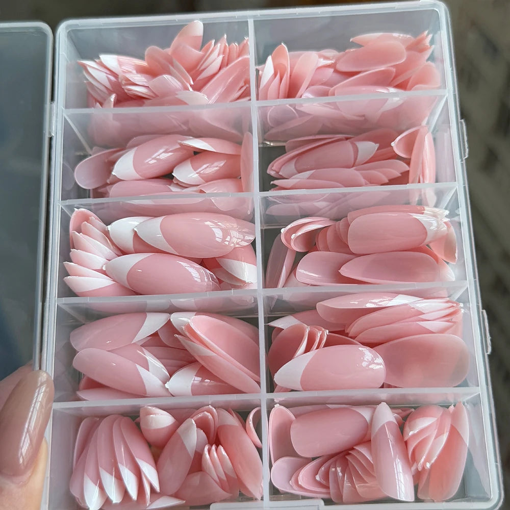 360/240/120pcs Light Pink Almond Press On Nails Glossy White French Fake Nail Simple Full Cover Fake Nails Soft Gel Nail Tips*%&