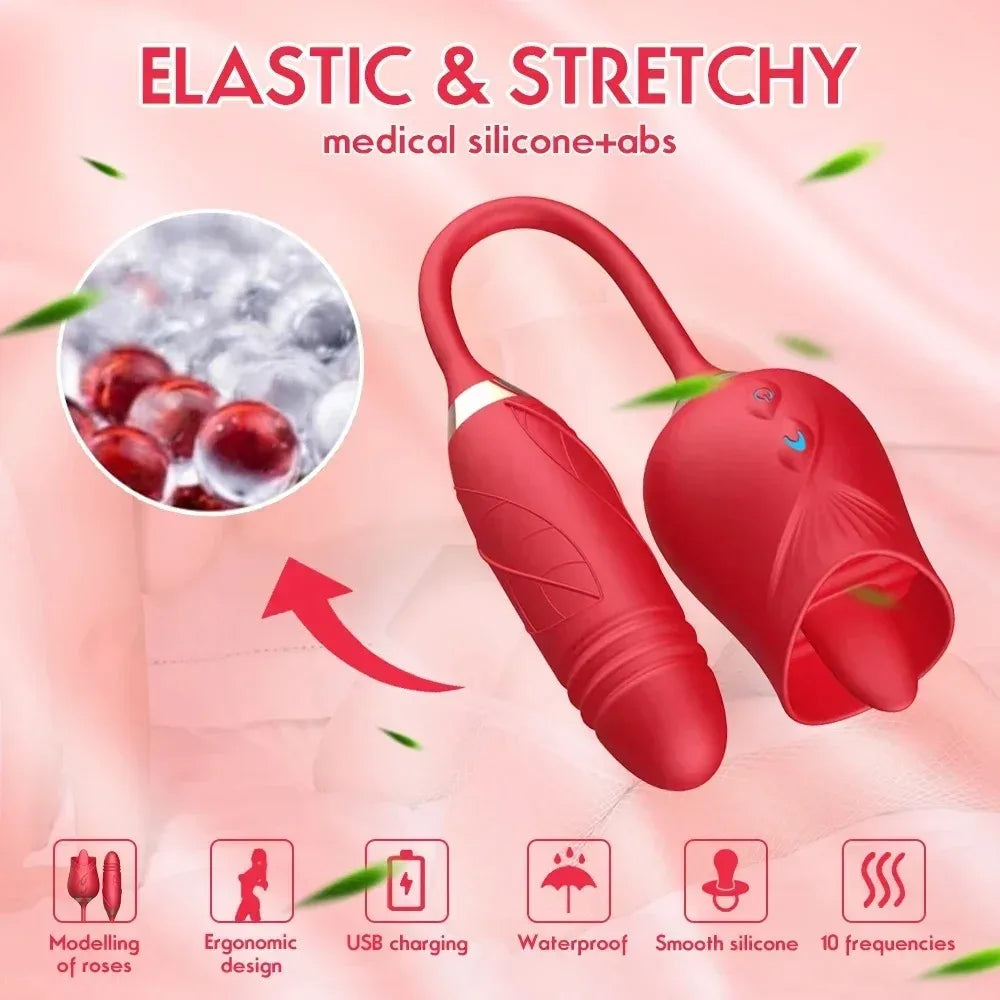 Rose Licking Vibrator for Women  Telescopic Dildo Powerful Thrusting Vagin Massager Tongue Clitoris Stimulation Adult Sex Toys