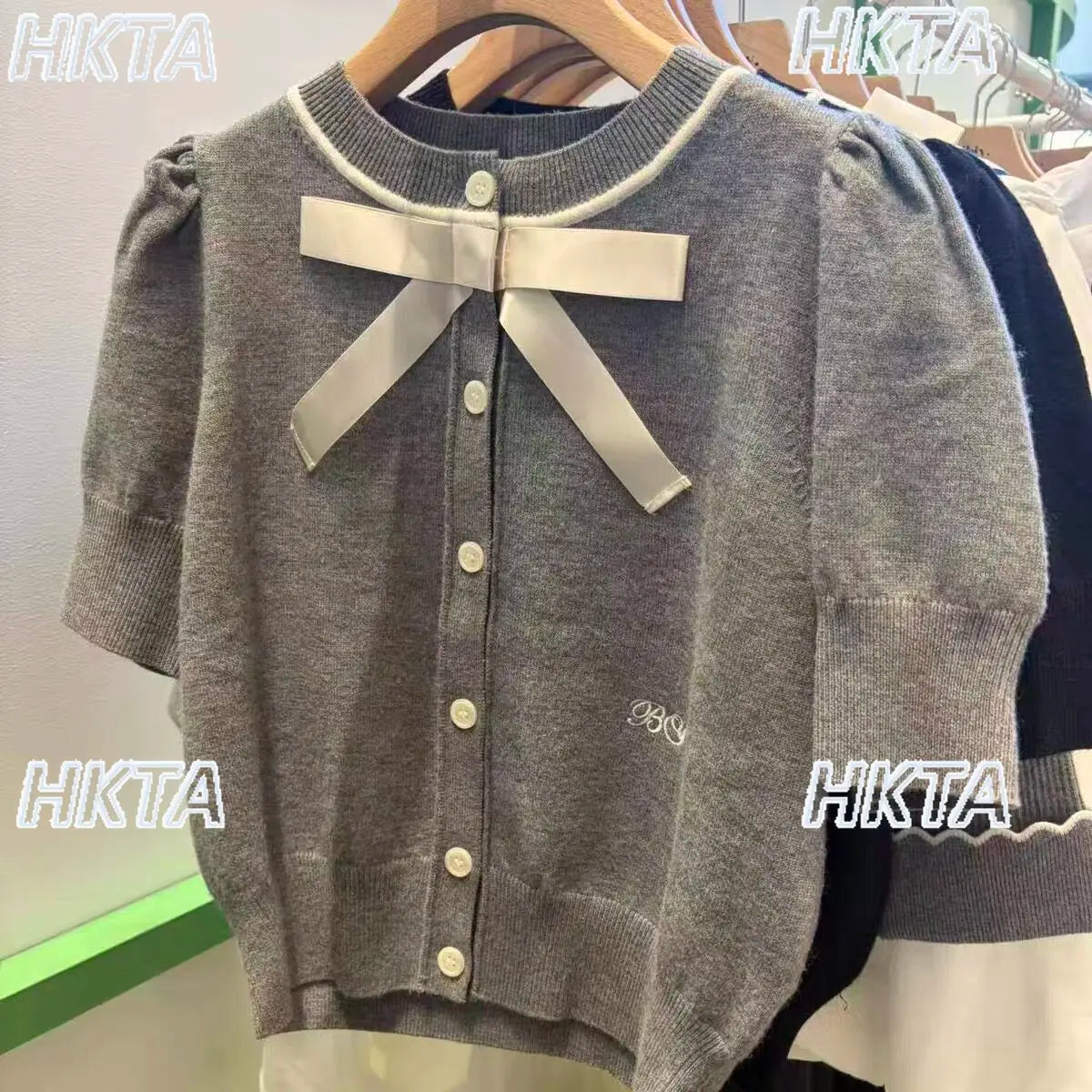 Japanese Style Sweet Stereo Bows Knitting Tshirt Cardigan Top Women Summer New Loose Casual Solid Short-sleeve Knitting Shirt