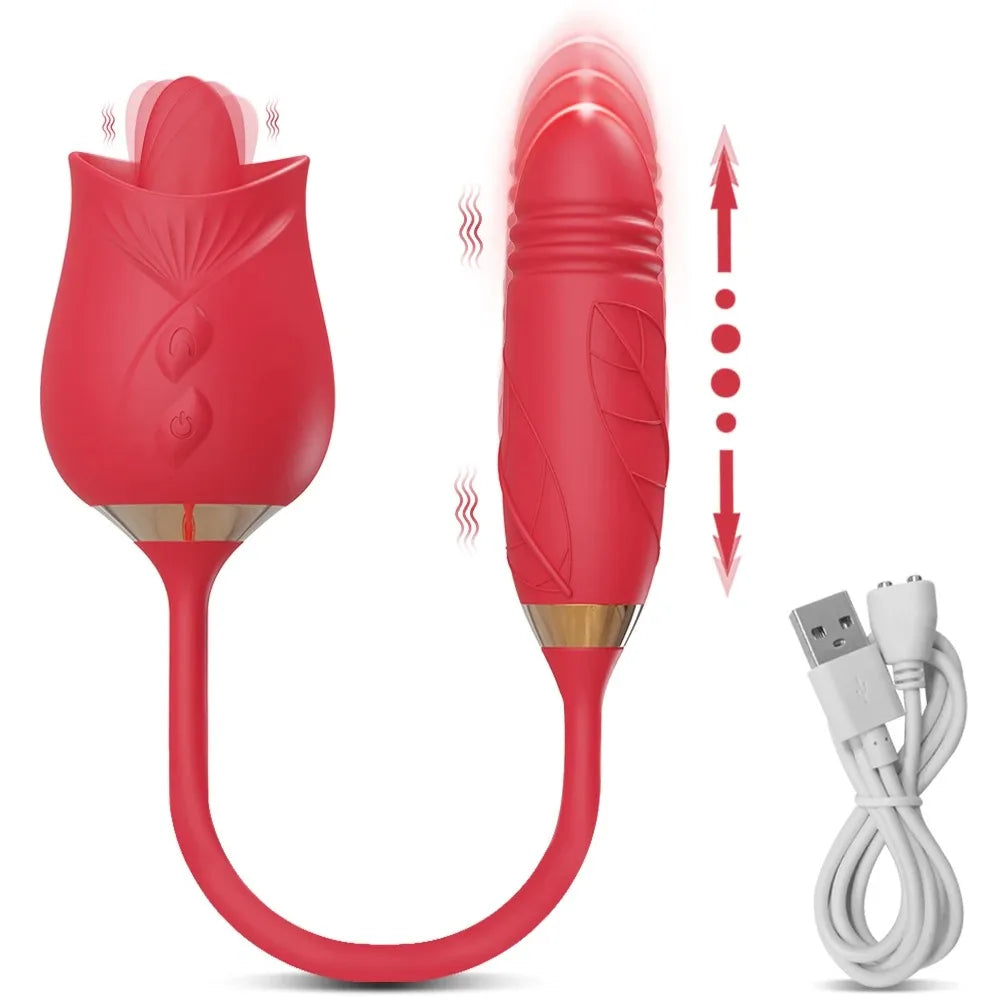 Rose 3in1 Sucker Vibrator for Women Telescopic Clitoris Stimulator Dildo Licking Vagina Massager Masturbator Sex Toys for Women