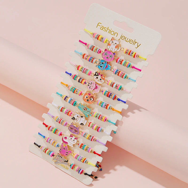 12-Piece Adjustable Cat Charm Bracelet Set