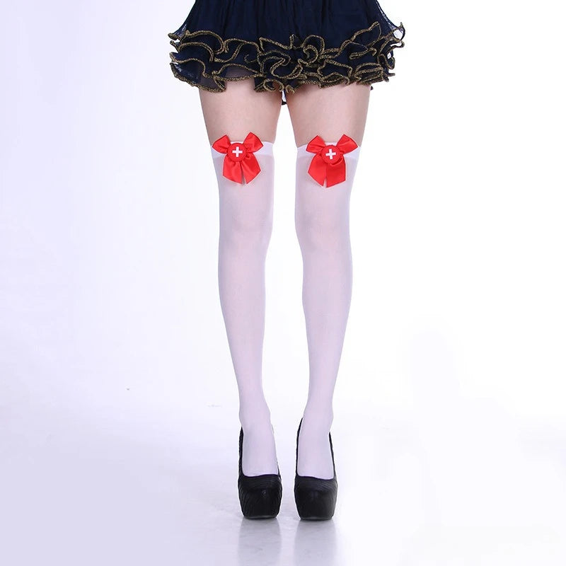 Lolita Thigh High Stockings Cute Red Bow JK Knee High Socks Fishnet Stocking Women Nurse Cosplay Thigh High Socks Women Stocking