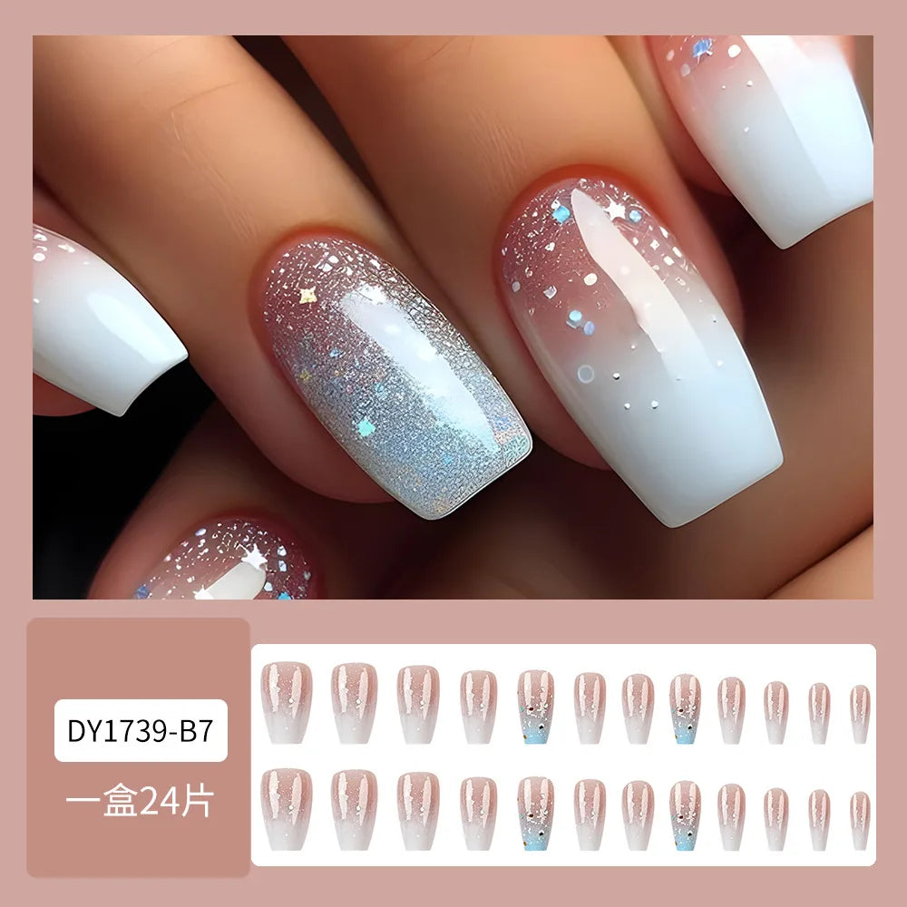 White French Glitter Square Press-On Nails – 24 Pieces