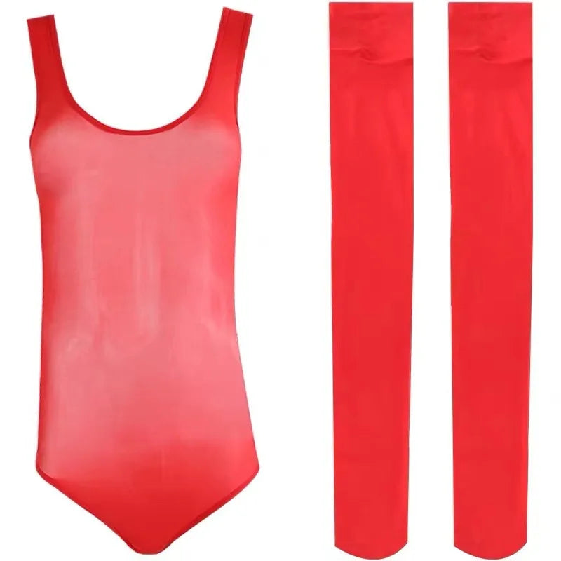 Sexy Semi Sheer 8D Oil Shiny Glossy Women Sleeveless Tops+Thigh Socks 2-Piece Set Elastic Tights Erotic Bikini Bodysuit Clubwear