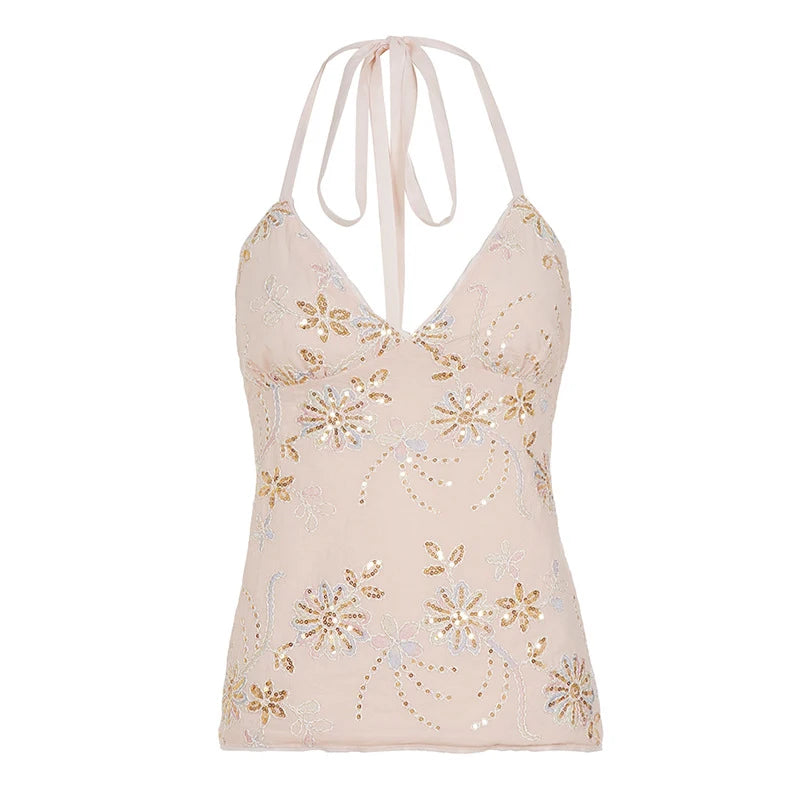 Sexy Sling Tops Women V Neck Backless Sleeveless Sequin Lace Up Tanks Female 2026 Summer New Chic Fashion Streetwears Lady