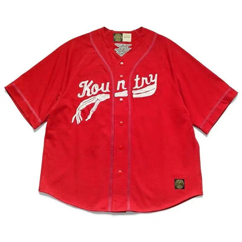 KAPITAL Hirata and Hongri Casual Bone Embroidery Letter Loose Baseball Short Sleeved Shirt for Men Japan Style