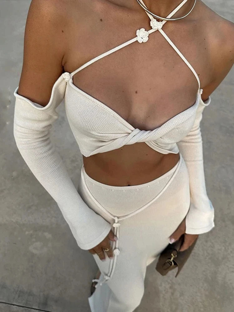 Sexy Knitted Sling Bikini Long Skirts Woman's Set Casual Slim Solid Lace Up Tube Tops Slit Skirt Sets Female Summer Beach Party
