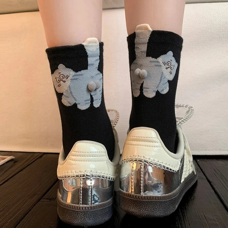 1/3 Pair Three-Dimensional Cat Printed Men Female Mid Tube Socks Soft Comfortable Sweat Absorbing Breathable Casual Couples Sock