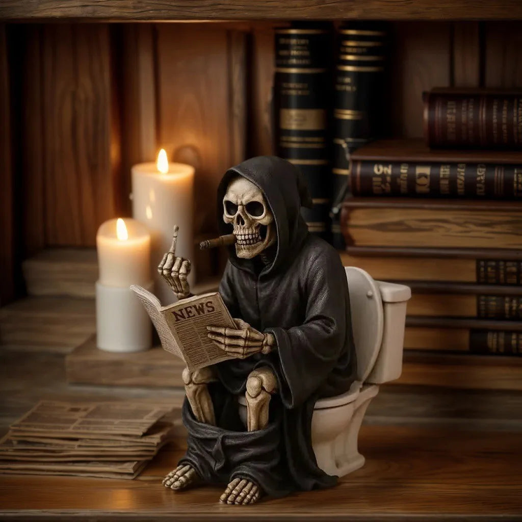 Funny Grim Reaper Skeleton on Toilet Resin Figurine, Humorous Gothic Bathroom Decor Statue, Creative Home Ornament for Desk