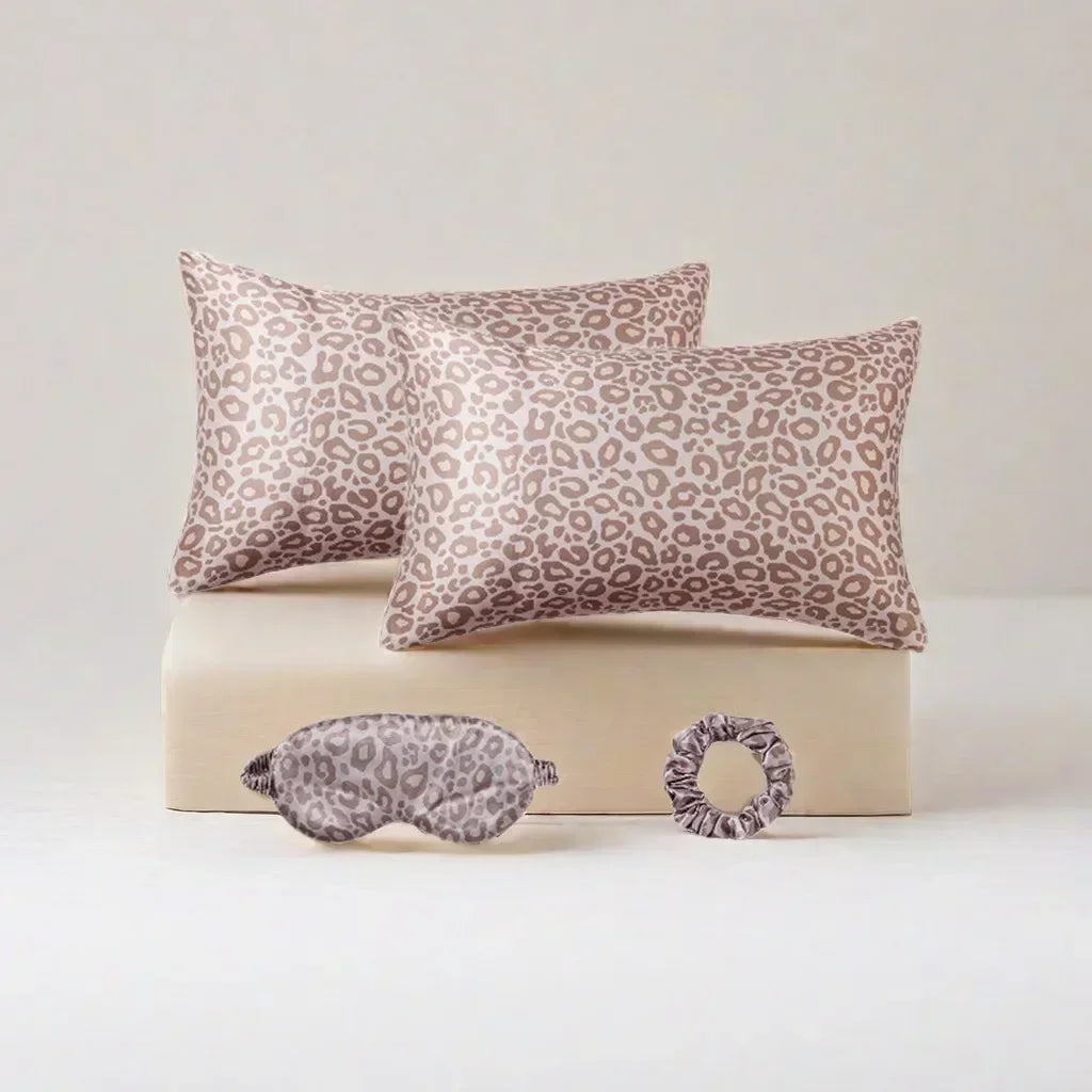 4-Piece Leopard Satin Pillowcase, Eye Mask & Scrunchie Set