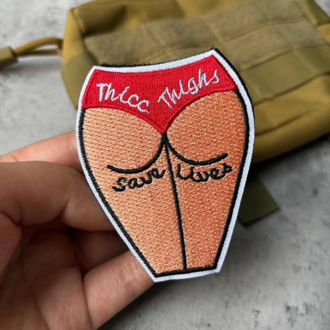 Thick Thighs Save Lives Embroidered Patch Funny Punk Biker Morale Badge Hook and Loop for Tactical Backpack Vest