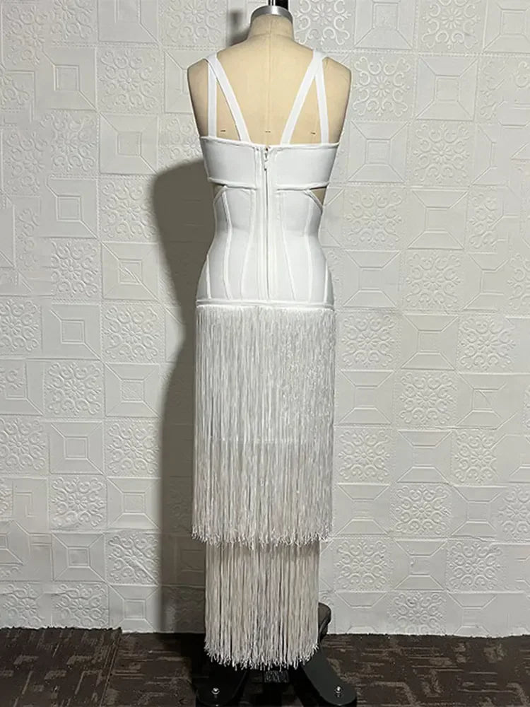 2026 Summer Sexy Tassel Bandage Dresses Women's Spaghetti Sleeveless Hollow Bodycon Long Dress Celebrity Evening Party Vesidos