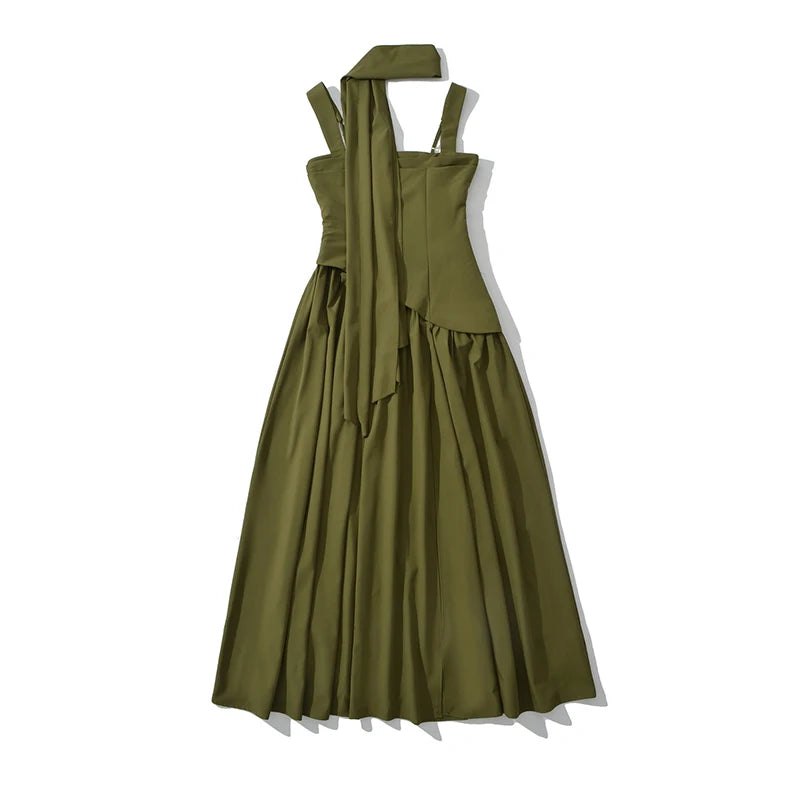 YENKYE Sexy Slit Elegant With Scarf Sling Party Dresses Women Lace Up Bandage Back Fit And Flare Dress Green Back Summer Robe