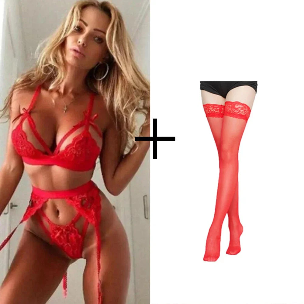 Women's Lace Bra, Panty & Garter Lingerie Set