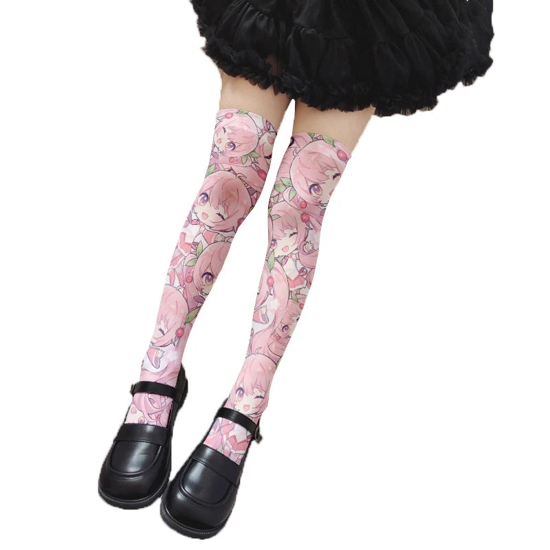 Japanese anime stockings new design cartoon rabbit print pink white over-the-knee socks cute sweet girl Lolita Harajuku stocking