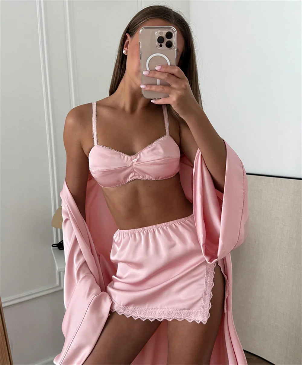 Pink Elegant Satin 3 Piece Women's Pajamas Set Sexy Lace High Waist Skirt Long Robe Included Bra Top Loungewear Home Wear