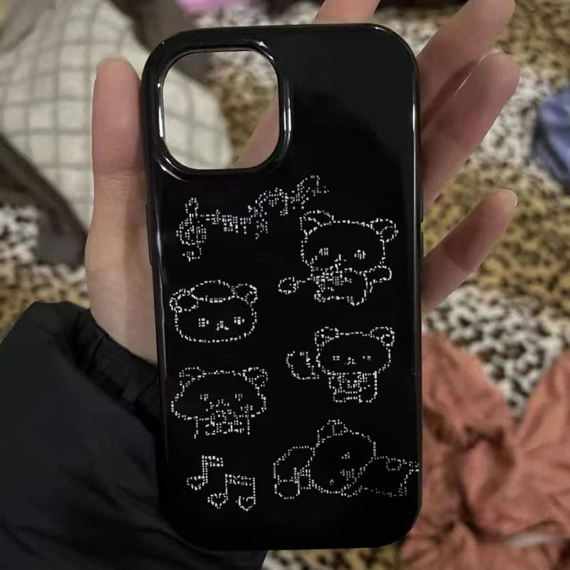 Kawaii Line Bear Black Silicone Phone Case For iPhone 17 16 15 14 13 12 11 Pro Max 7 8 Plus 16e 17Air Shockproof Soft Cover