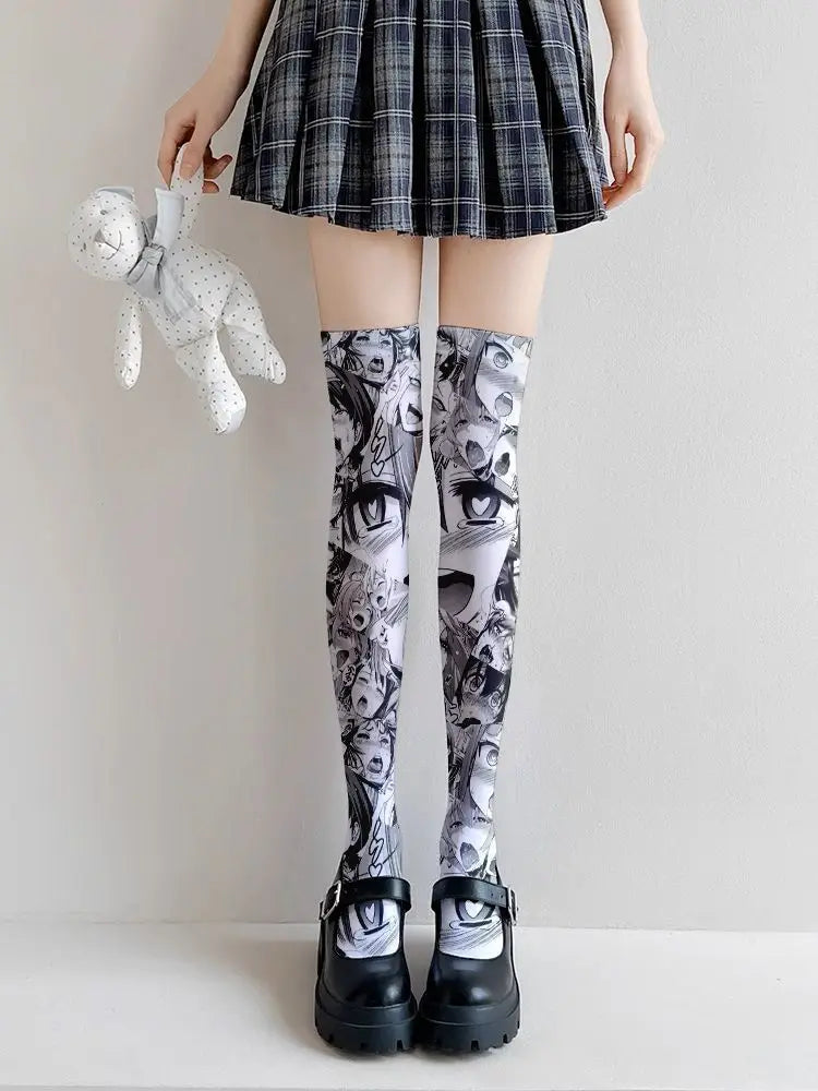 Ahegao Meme Anime Face Print Cute Kawaii Thigh High Socks Over Knee Soft Elastic Velvet Lolita Cosplay Socks Gift For Anime Fans