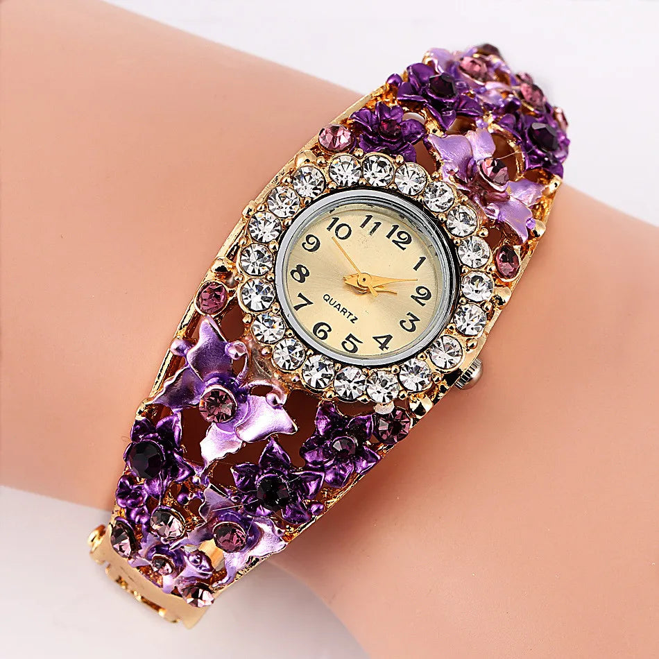 Women's Watches Stainless Steel Rhinestone Quartz Watch Women Fashion Flower Vintage Bangle Elegant Wristwatch Zegarek Damski