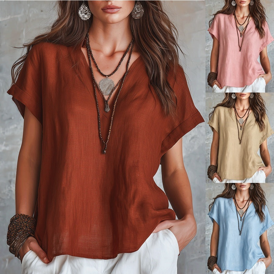 V-neck solid color women's top 2026, linen casual loose short-sleeved shirt