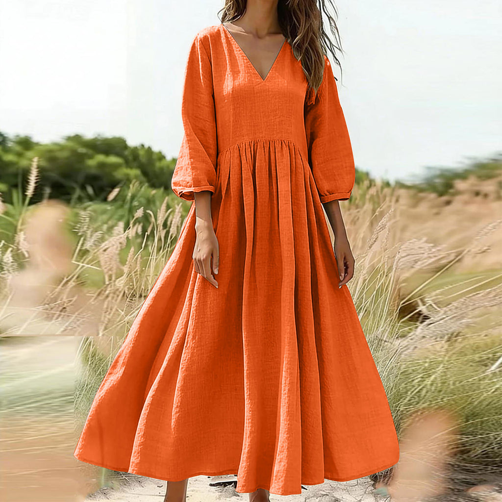 Bohemian vacation cotton and linen long dress with pockets, V-neck and pleated dress for   independent station in Europe and America