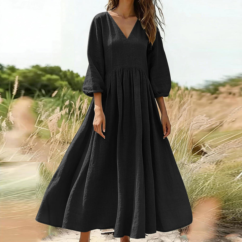 Bohemian vacation cotton and linen long dress with pockets, V-neck and pleated dress for   independent station in Europe and America