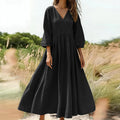 Bohemian vacation cotton and linen long dress with pockets, V-neck and pleated dress for   independent station in Europe and America