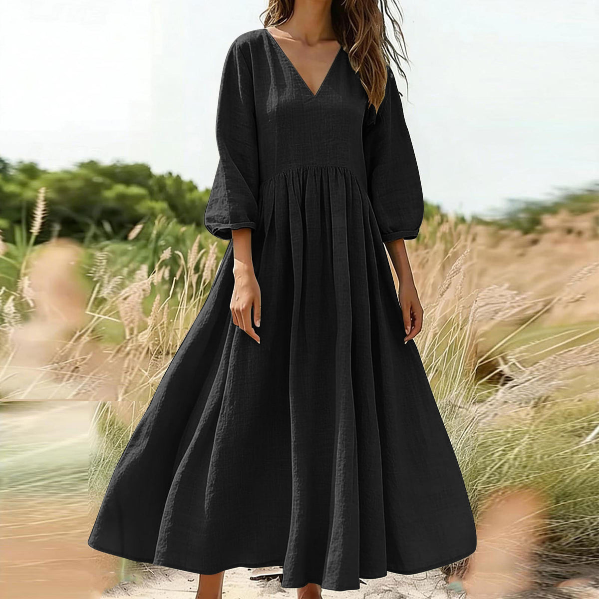 Bohemian vacation cotton and linen long dress with pockets, V-neck and pleated dress for   independent station in Europe and America