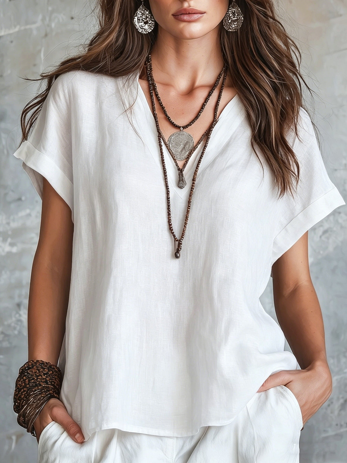 V-neck solid color women's top 2026, linen casual loose short-sleeved shirt
