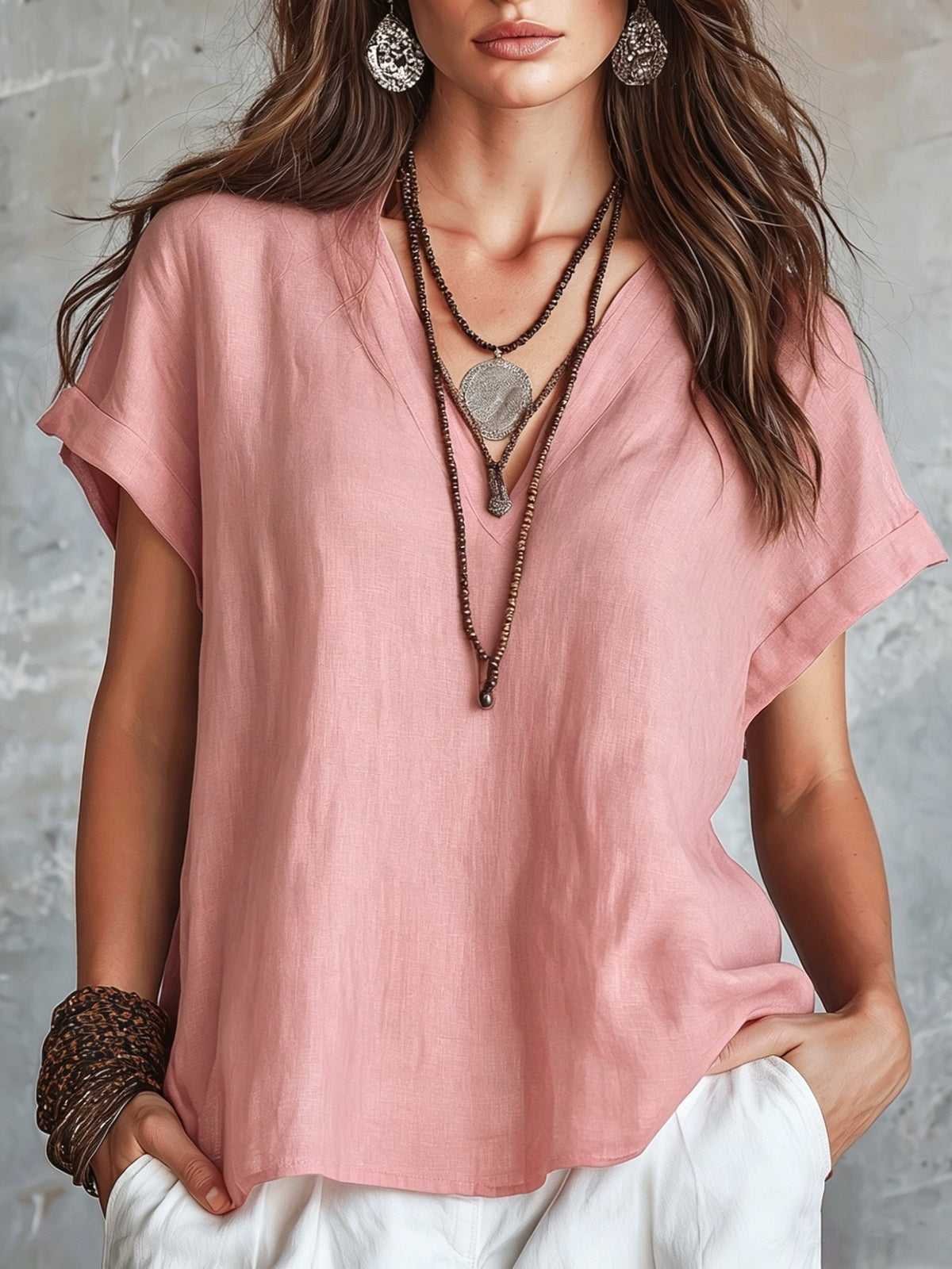 V-neck solid color women's top 2026, linen casual loose short-sleeved shirt